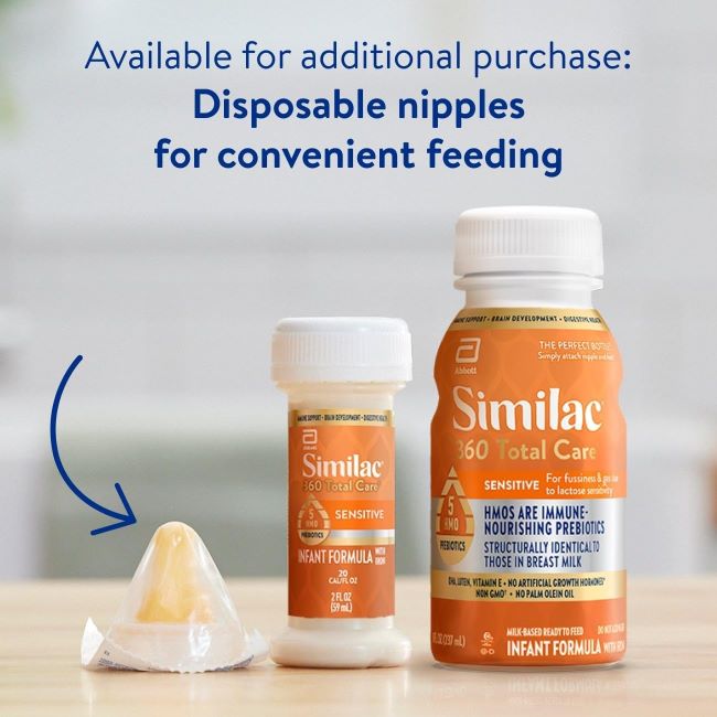 Ready-to-feed Similac 360 Total Care Sensitive formula for fussiness and gas relief in infants.
