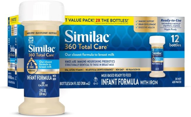 Similac 360 Total Care Infant Formula bottles with 5 HMO prebiotics, ready-to-feed pack of 12