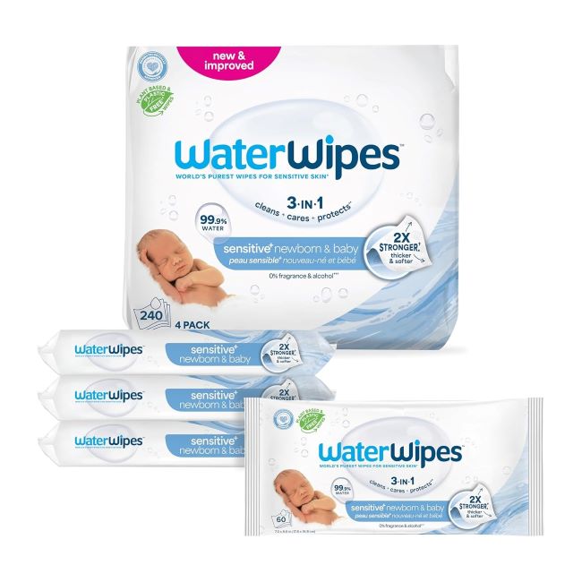 WaterWipes Sensitive+ Baby Wipes 4-pack, hypoallergenic and unscented, 240 wipes for newborns and babies