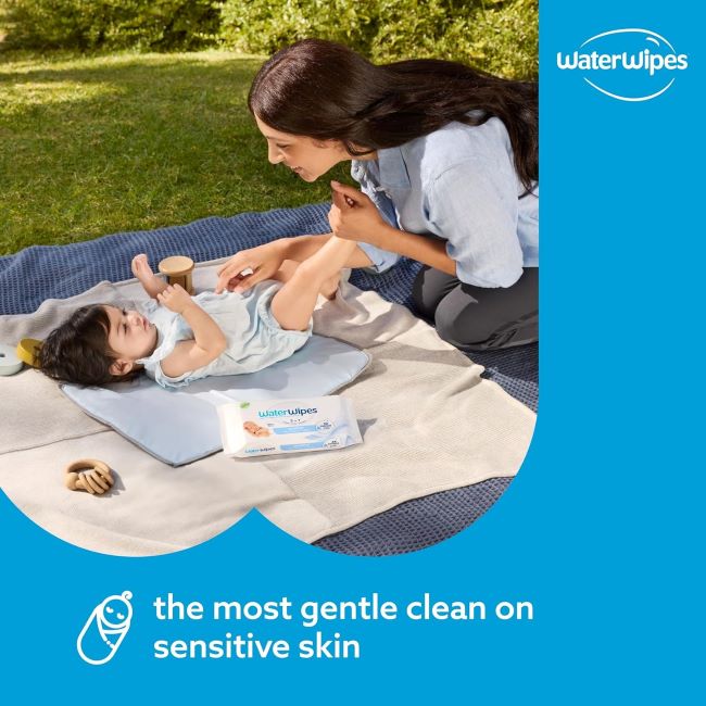Gentle 3-in-1 WaterWipes Sensitive+ wipes, 99.9% water, safe for sensitive baby skin