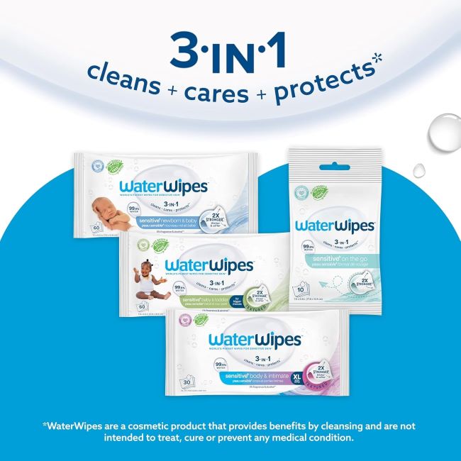 Newborn and baby-friendly WaterWipes Sensitive+ 4-pack, hypoallergenic, unscented, 240-count