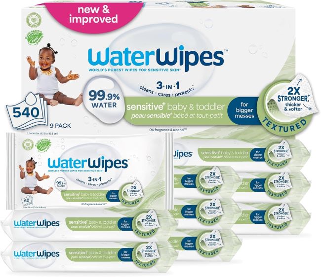 Pack of WaterWipes Sensitive+ baby wipes for gentle, hypoallergenic cleaning.
