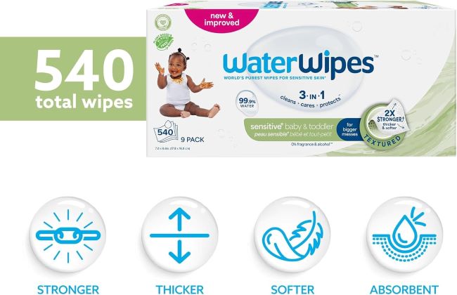 WaterWipes Sensitive+ 3-in-1 wipes for babies and toddlers, unscented and safe.