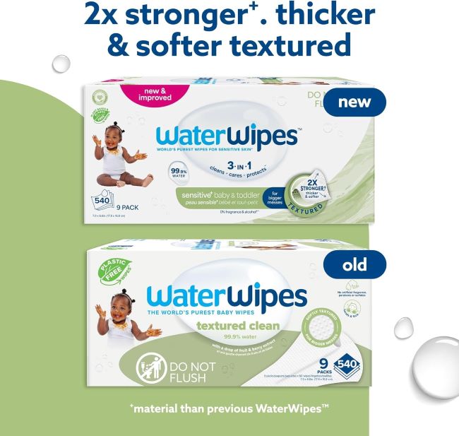 Close-up of WaterWipes Sensitive+ baby wipes, 99.9% water, textured for cleaning.