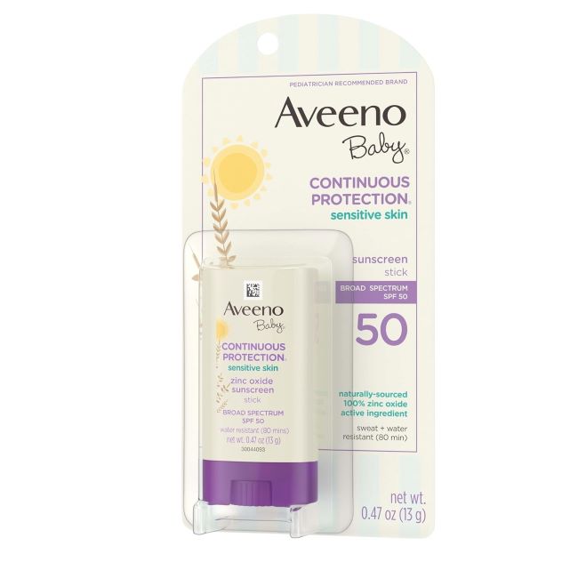 Travel-size Aveeno Baby SPF 50 mineral sunscreen stick for face and body