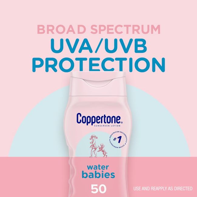 Hypoallergenic baby sunscreen Coppertone WaterBabies SPF 50, 8 oz bottle.