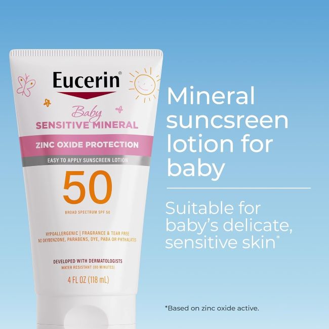Eucerin Baby SPF 50 mineral sunscreen lotion in 4 oz tube
