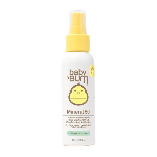Fragrance-free Sun Bum Baby Bum SPF 50 spray for babies and sensitive skin, portable 3 oz bottle.