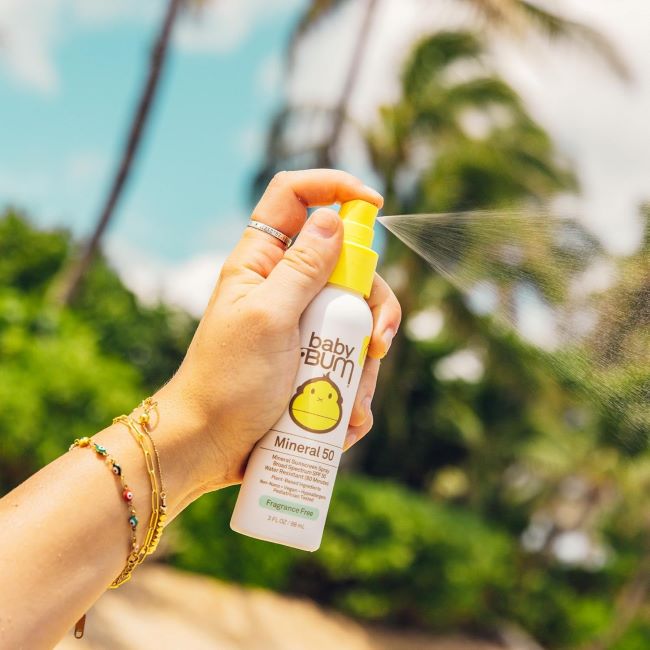 Gentle, travel-friendly Sun Bum Baby Bum SPF 50 sunscreen protecting face and body from UVA/UVB.