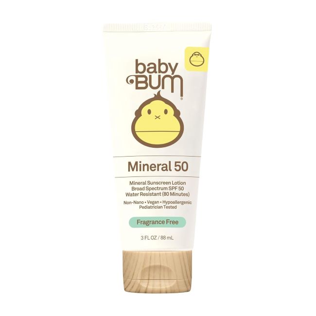 Sun Bum Baby Bum SPF 50 sunscreen lotion in travel size, gentle and fragrance-free for sensitive skin.
