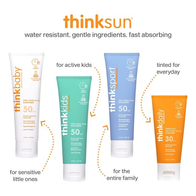 Water-resistant Thinkbaby SPF 50+ mineral sunscreen for kids’ sensitive skin