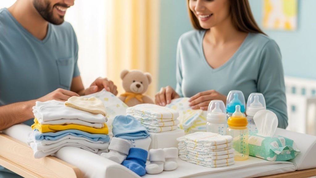 New parents organizing essential baby supplies including diapers bottles and clothing on changing table