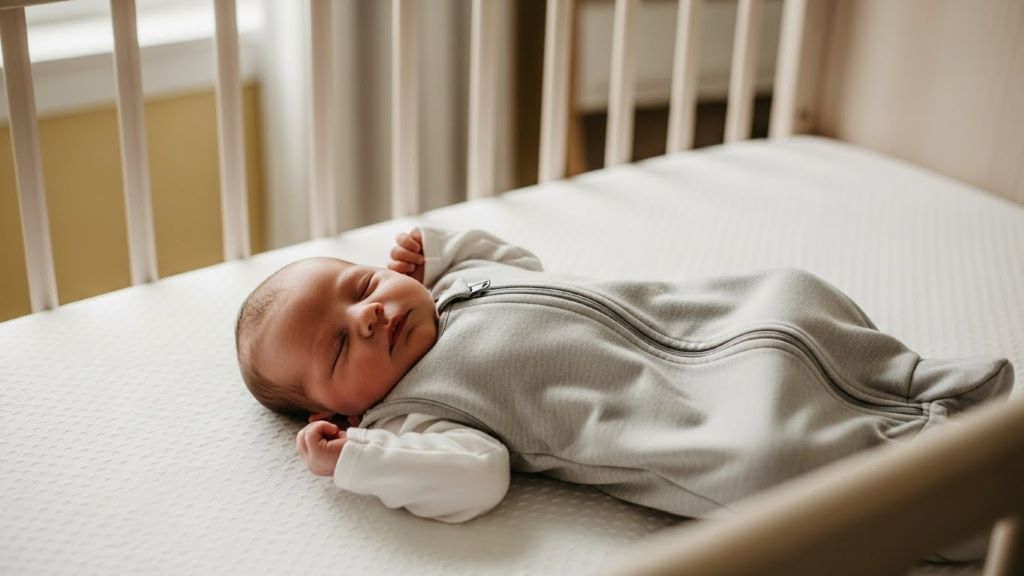 Newborn baby sleeping peacefully in safe crib with fitted sheet and sleep sack