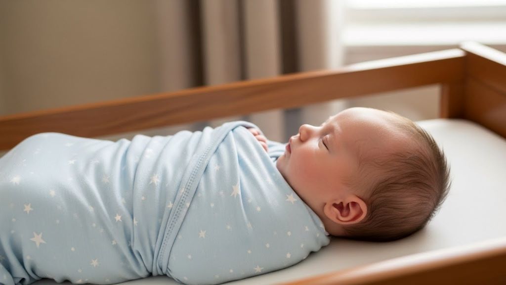 Infant wrapped in appropriately sized swaddle blanket demonstrating proper coverage and safe swaddling technique for newborns