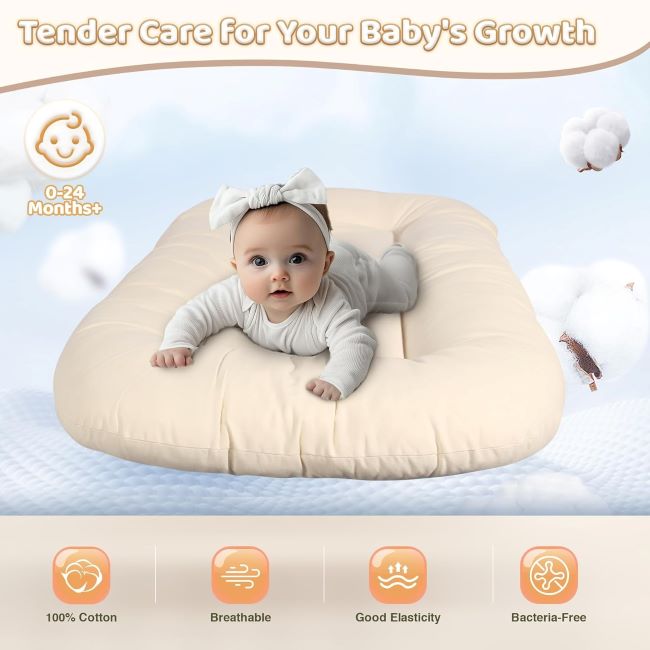Infant lounger for home and travel, cozy baby nest with removable cover