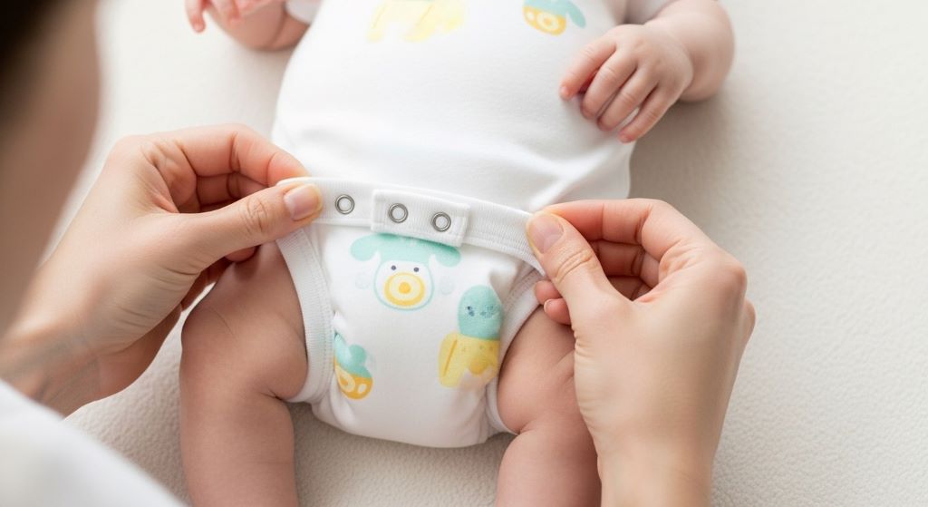 Parent fastening three-snap crotch closure on infant bodysuit to hold diaper in leak-preventing position