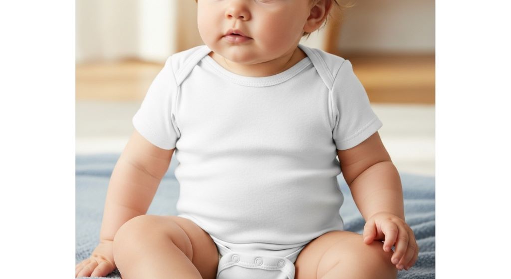 Baby wearing properly fitted white cotton bodysuit over diaper with secure snap closure preventing leaks