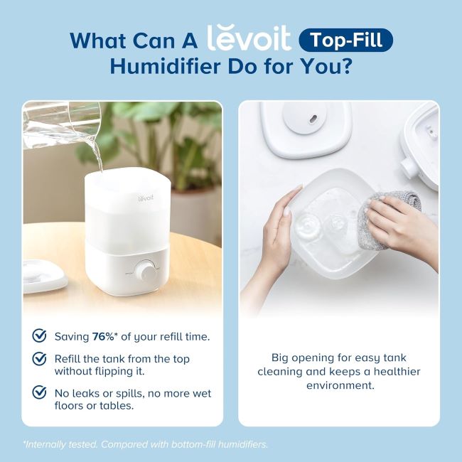 LEVOIT Top Fill Humidifier 03 LEVOIT humidifier showing easy top fill design and auto shut-off safety