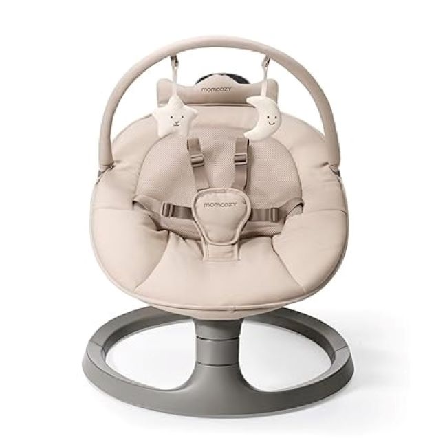 Momcozy 2-in-1 electric baby swing in khaki with dual-arm support, adjustable height, and convertible toddler seat