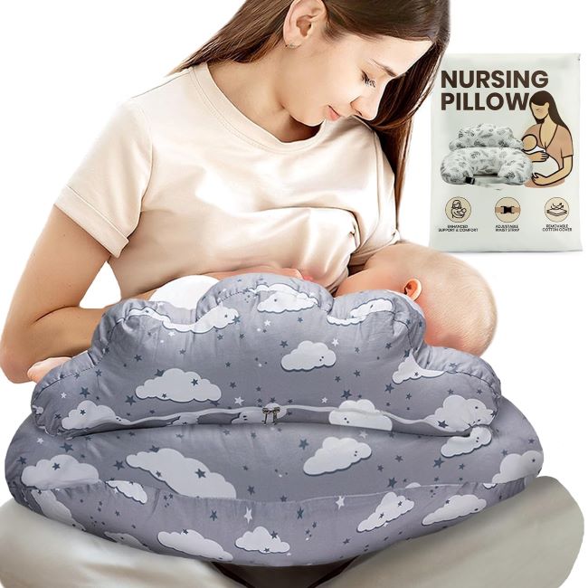 Mother breastfeeding baby using PILLANI nursing pillow with removable cotton cover