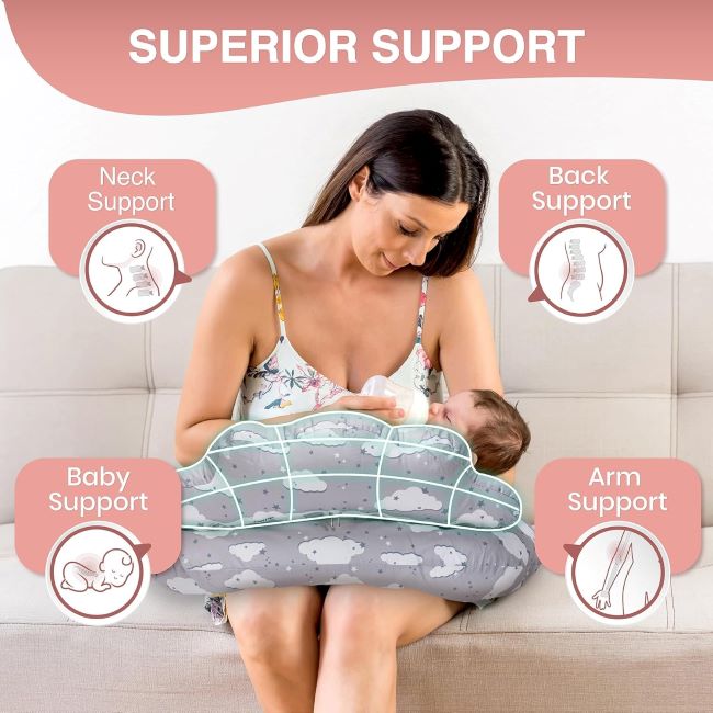 Breastfeeding pillow with adjustable waist strap and soft cotton cover for newborns
