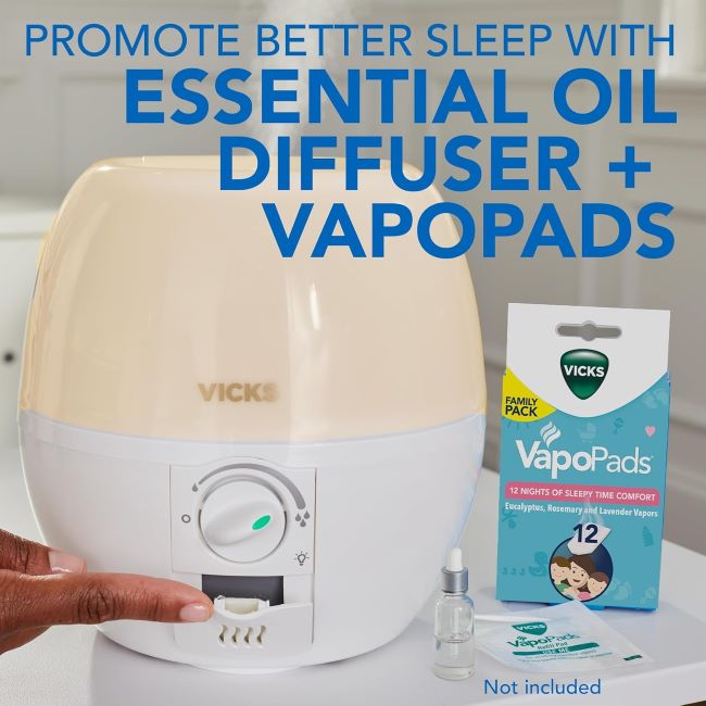 Cool mist and essential oil diffuser humidifier by Vicks for baby and kids’ sleep
