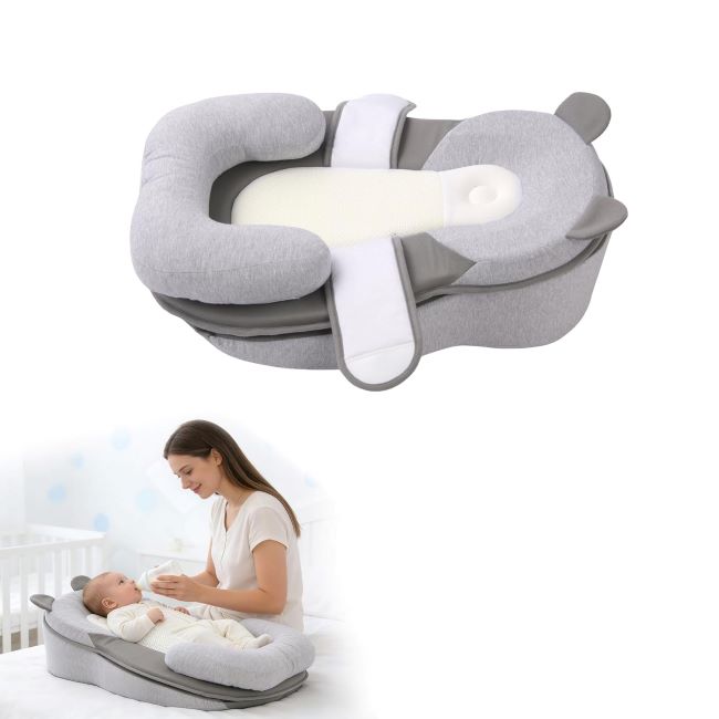 XFaa small gray baby feeding pillow with removable cover and anti-overflow design