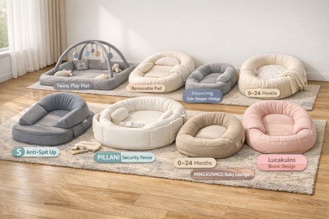 Assorted baby loungers and nursing pillows in gray, pink, and neutral colors, designed for newborn comfort, feeding support, and reflux relief.