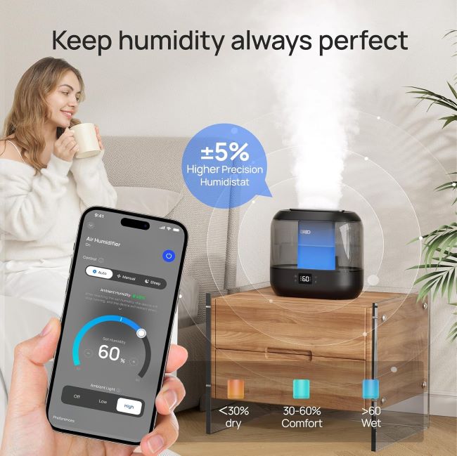 Dreo smart 4L humidifier with voice control, touch panel and quiet bedroom operation