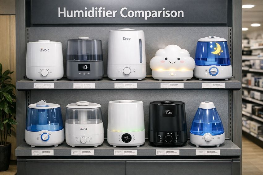 Affordable bedroom humidifiers comparison showing quiet cool mist models with large water tanks and top-fill design