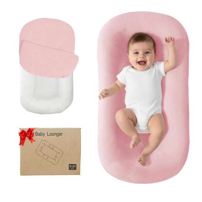 Lucakuins Baby Lounger – Pink bionic design newborn lounger (0–24 months), soft organic cotton, breathable and supportive infant cushion.