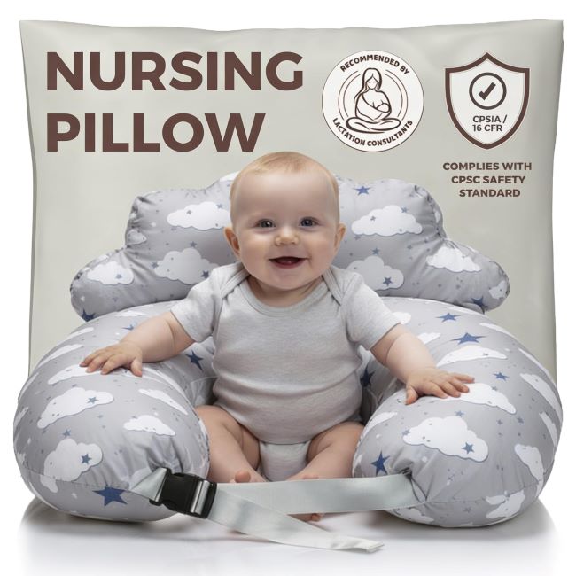 PILLANI Nursing Pillow – White breastfeeding pillow with security fence, adjustable waist strap, and removable cotton cover, offering enhanced support for newborns.
