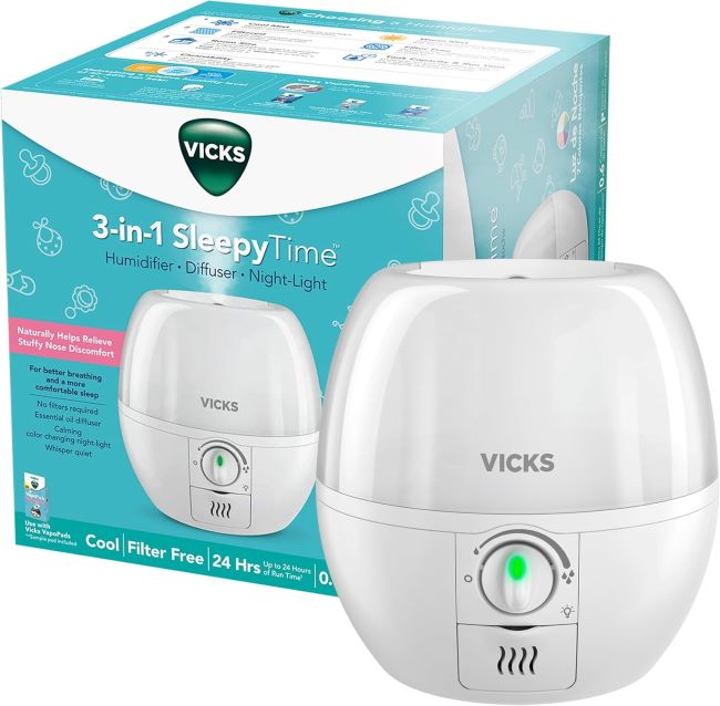 Vicks SleepyTime 3-in-1 cool mist humidifier with color night light and essential oil diffuser