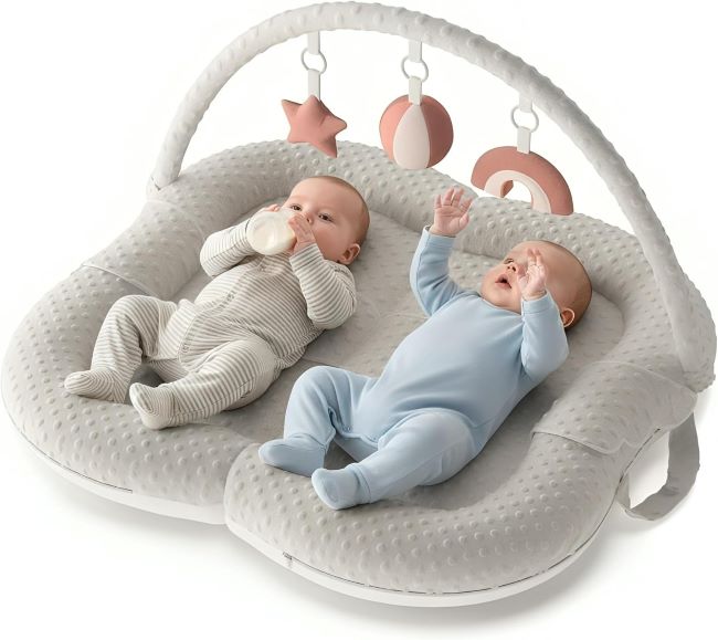 WENDIWAY Twins Baby Play Mat – 5-in-1 gray floor activity gym with support cushions, tummy time mat, plush toys, flashcards, and developmental book for supervised bonding.