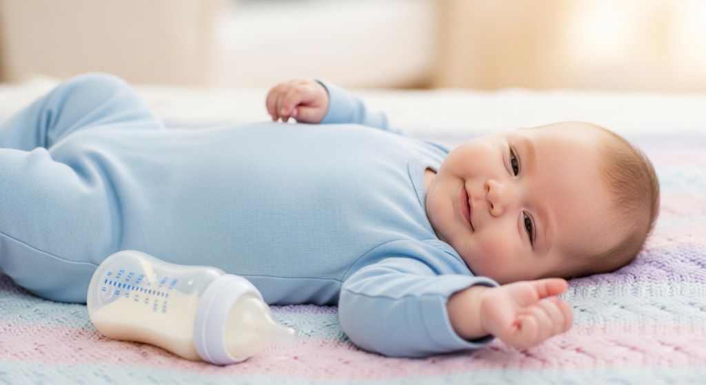 Happy baby lying comfortably on a blanket after a feeding with no signs of gas discomfort