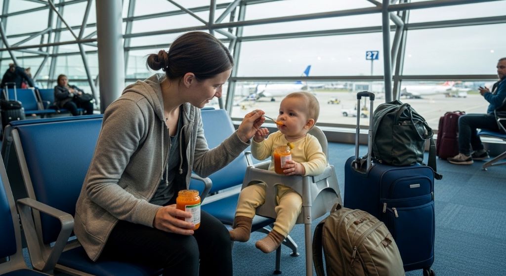 A parent feeding a baby from a glass baby food jar while sitting in an airport terminal
