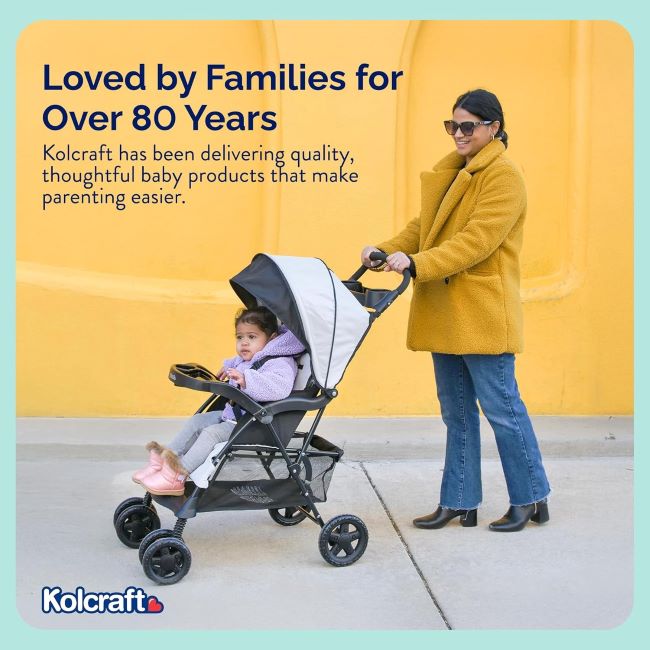 Kolcraft Cloud Plus lightweight umbrella stroller with reclining seat, large storage basket, parent trays, and compact fold, slate gray