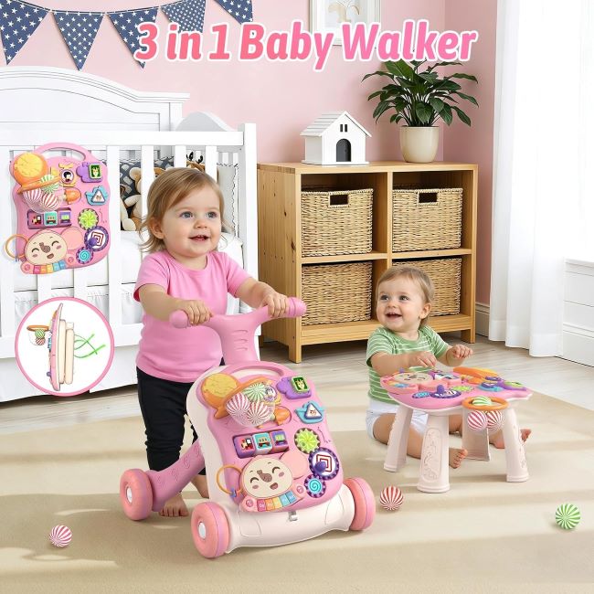 QDRAGON 3-in-1 Baby Walker and Activity Center for girls, sit-to-stand, music panel, educational push toy for 12+ month toddlers
