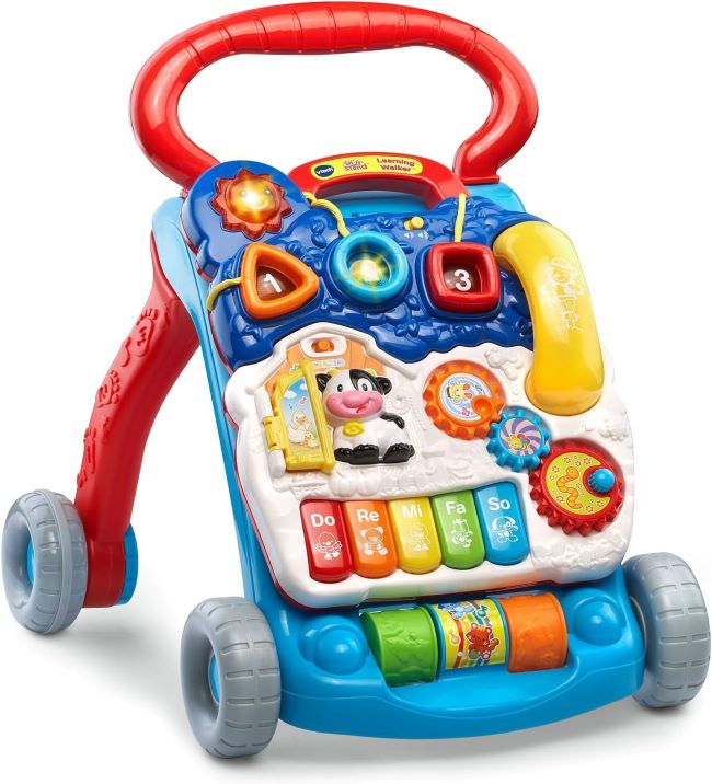 VTech Sit-to-Stand Learning Walker in blue, supports babies learning to walk safely with interactive play features