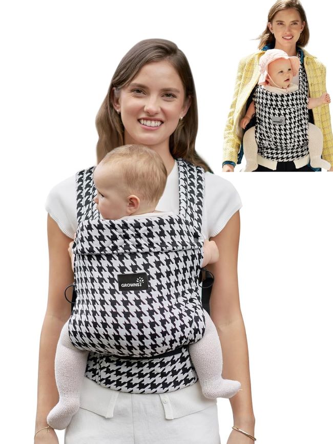 GROWNSY baby carrier in houndstooth with head support, lightweight ergonomic design for newborn to toddler hands-free use