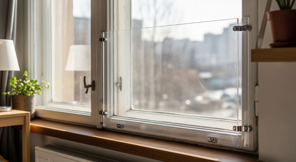 Transparent baby window guard on small apartment window letting in natural light