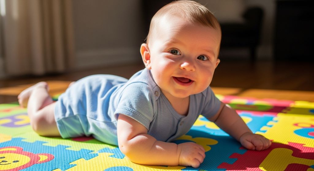 Smiling baby in a light blue cotton romper during daytime tummy time on a play mat