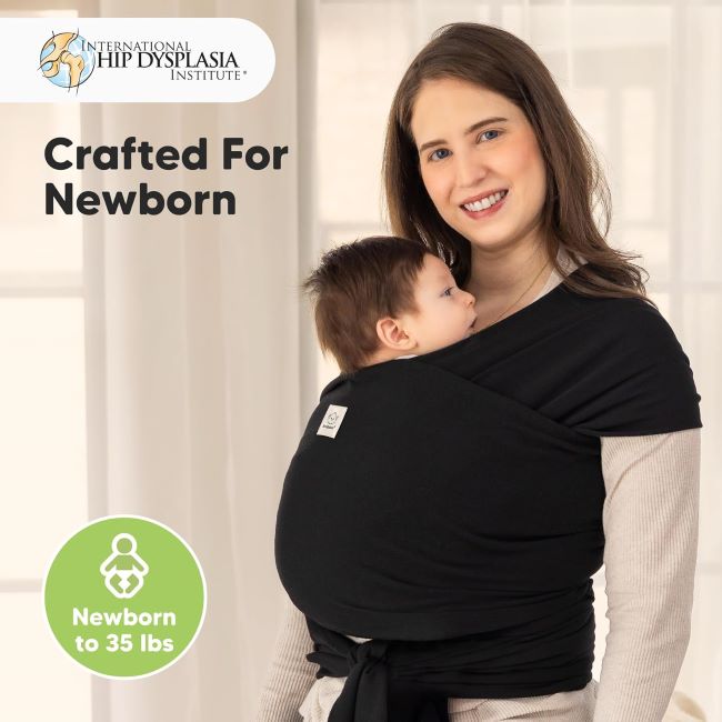KeaBabies baby wrap carrier in black, lightweight breathable sling for newborn to toddler hands-free bonding and daily use