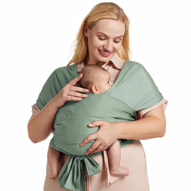 Momcozy adjustable buckle baby wrap carrier in grey green with cooling air-mesh, plus size fit, and secure newborn to toddler support