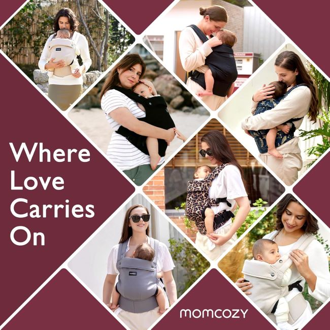Momcozy ergonomic baby carrier in black with lumbar support, lightweight design, and secure fit for infant to toddler carrying