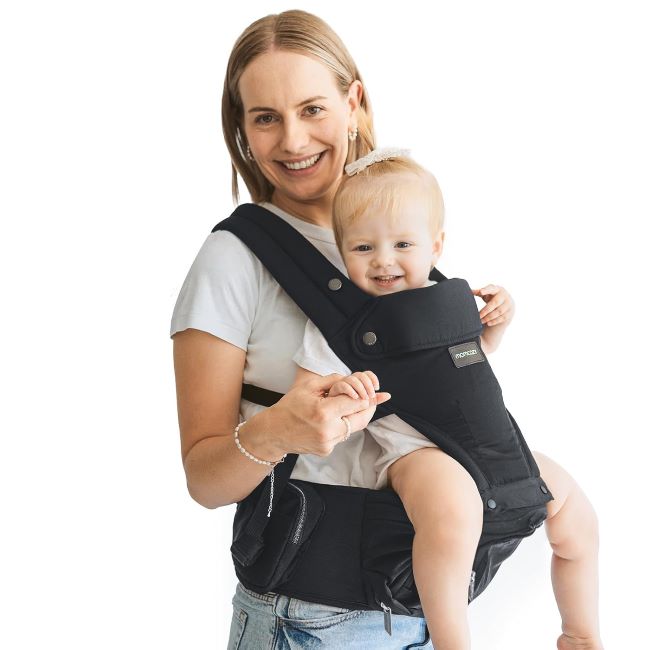 Momcozy baby carrier with hip seat in black, 2-in-1 forward-facing design for long walks and toddler comfort