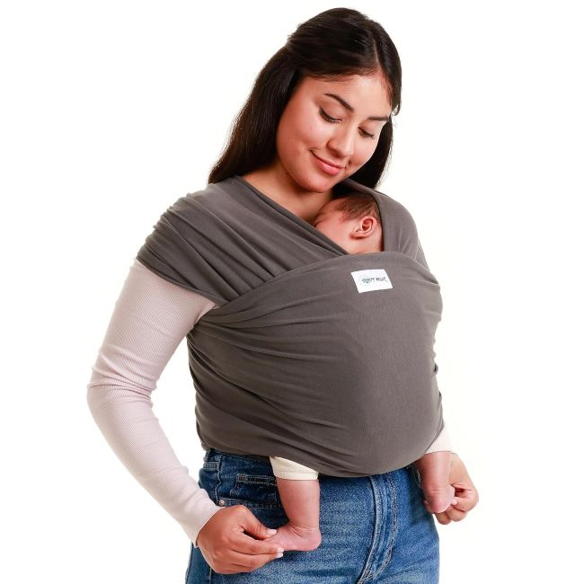 Sleepy Wrap ergonomic baby carrier sling in dark gray with stretchy lightweight fabric for newborn to toddler support