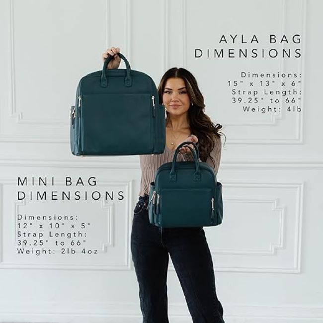 Ayla & Co mini diaper bag with vegan leather finish, expandable pockets, and built-in organizer wallet