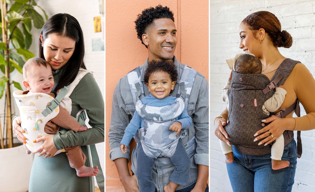 Parent using an ergonomic baby carrier while walking with baby for daily activities