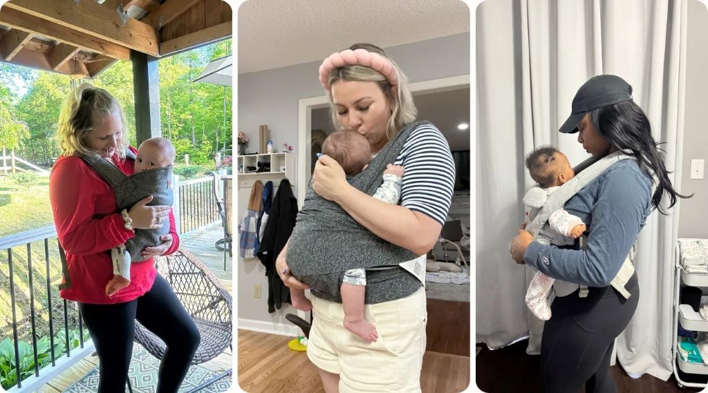 Parent wearing a plus-size baby carrier comfortably holding a baby outdoors